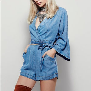 Free People Denim Chambray Cut Out Wrap Romper